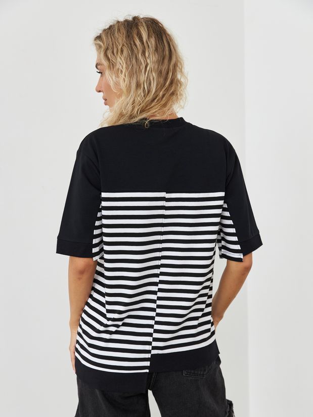 Футболка комбинированная,  а-симметричный низ, черно-белая