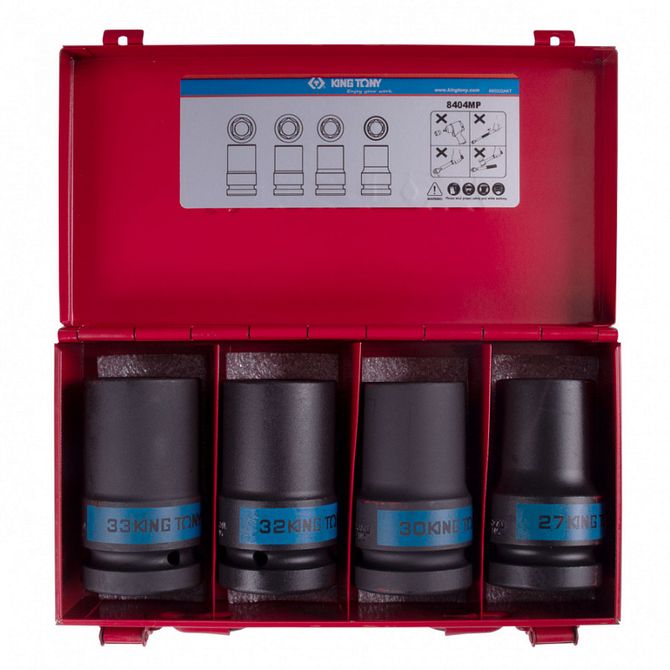 KING TONY (8404MP) Набор ударных глубоких торцевых головок 1", шестигранные, 27-33 мм, 4 предмета