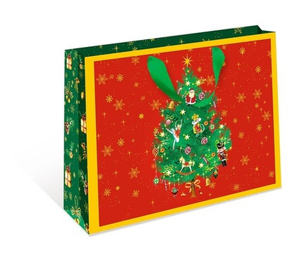 Пакет подарочный ХL горизонтальный, "Новогодняя елочка", Зеленый/Красный, 40*50*15 см (Д*В*Ш), 1 шт.