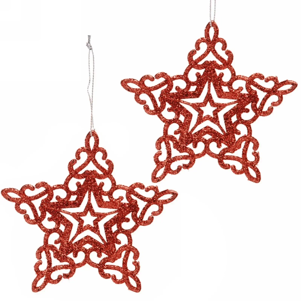 Подвески в блестках «Звездочки кружевные» 10 см (набор 2шт), красный