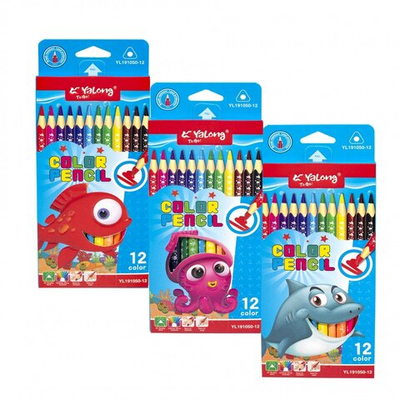 Карандаши цветные Yalong 12 цв., "Подводный мир" деревянные, трехгранные, заточенные, дизайн на корпусе, грифель 3.0 мм, картон. уп., европодвес