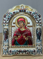 Семистрельная БМ, икона арочная с рамкой под стеклом, белое дерево, эмаль 167х228