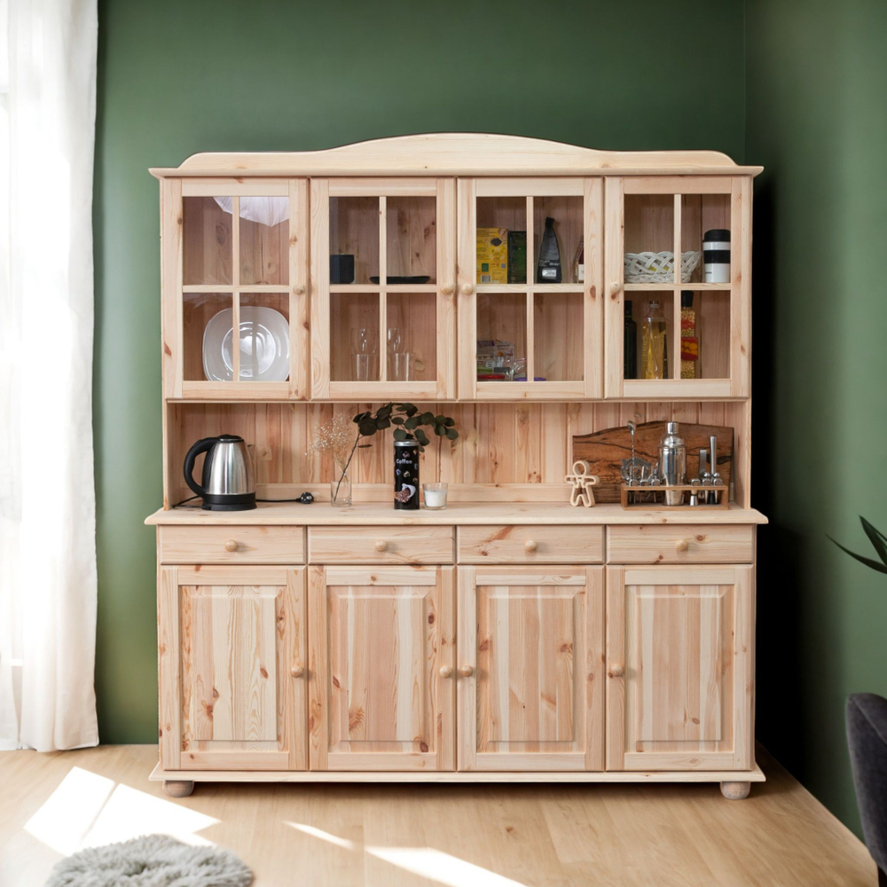 Шкаф витрина Лена 174х39х190, стеклянный для посуды, четырехдверный, массив сосны / буфет для кухни, в натуральной отделке, Dipriz