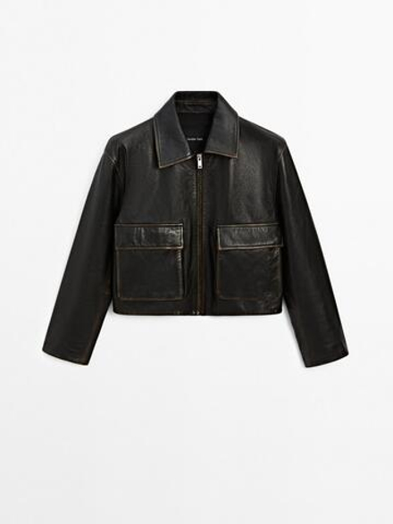Massimo Dutti Куртка из кожи наппа с эффектом потертости, черный