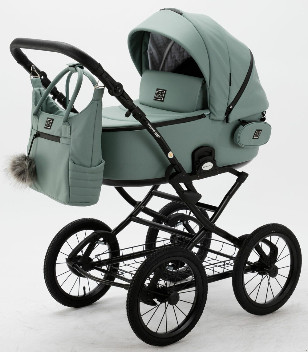 Детская коляска Adamex Porto Retro Deluxe 3 в 1 PO-SA20 (СЕРО-ЗЕЛЕНАЯ КОЖА)