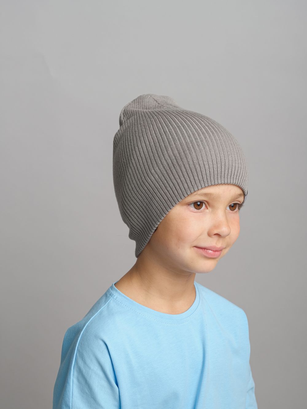 Шапка вязаная хлопковая ТВИНС(Синий пепел, пепельный)