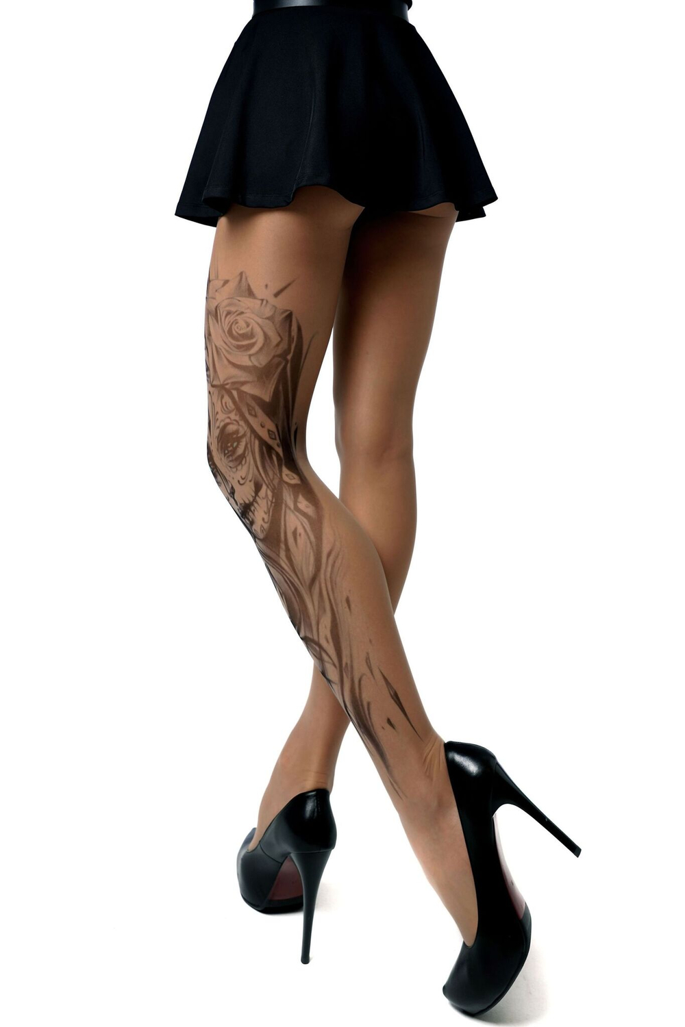 Колготки с имитацией тату в виде девушки с макияжем калавера (Размер: S-M-L) (Цвет: бежевый)