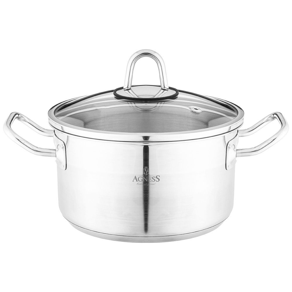 КАСТРЮЛЯ AGNESS 18X10 СМ 2,3 Л ВЫСОКОКАЧЕСТВЕННАЯ НЕРЖ СТАЛЬ 18/10 СО СТЕКЛ.КРЫШКОЙ