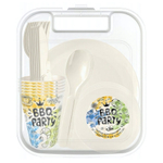 Набор для пикника с декором, 37 предметов на 6 персон (тарелки 20см, миски 13см, стаканы 280мл, вилки, ножи, ложки) упакован в удобный контейнер с ручкой (светло-бежевый)