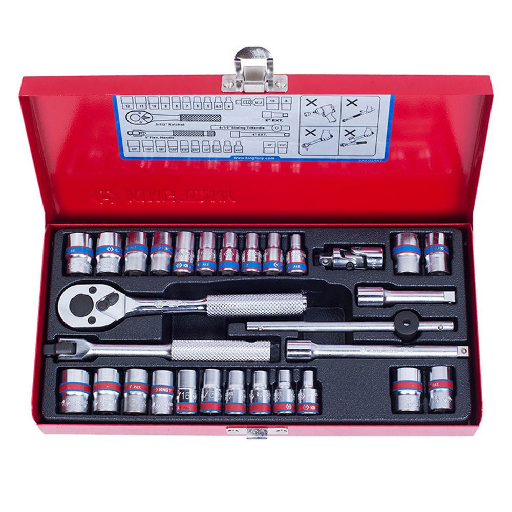 KING TONY (2530CR) Набор торцевых головок с принадлежностями 1/4", 6-гранные, 4-12 мм и 5/32"-1/2", 30 предметов