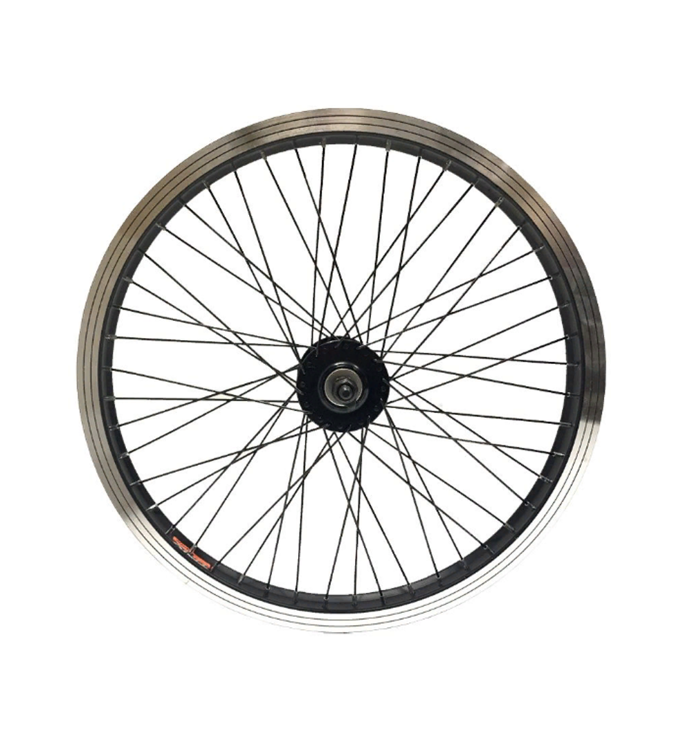 Колесо переднее 20" TRIX BMX профиль алюминиевый, усиленный, 48H, фрезерованный, индикатор износа, 406х24,8/32х19.5мм, A/V, анодированный, черный, втулка алюминиевая, гайки, черная, спица черная