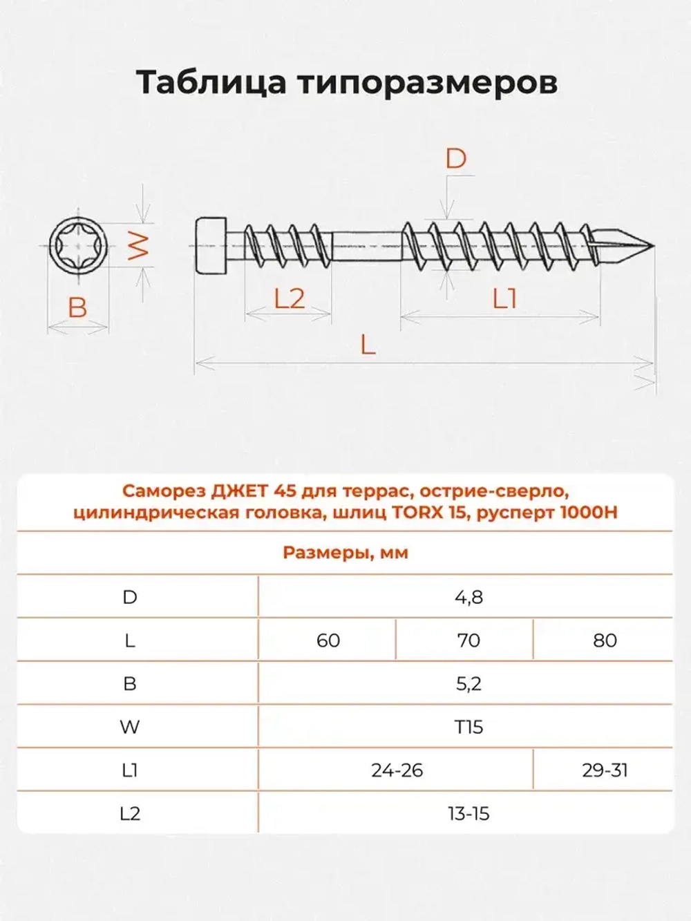 Саморез по дереву Gwozdeck для Террасной доски Потайной 5,0*80 Окрашенный Torx15 Упаковка 300 шт., подходит для ДЖЕТ 45/ДЖЕТ 90
