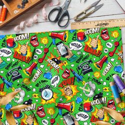 Ткань шифон громкие предметы из комиксов на зелёном фоне