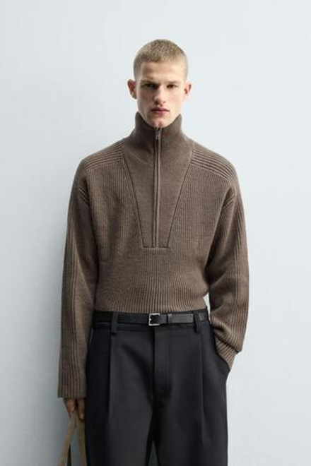ZARA ВЯЗАНЫЙ СВИТЕР С ВОРОТНИКОМ НА МОЛНИИ, СЕРОВАТО-КОРИЧНЕВЫЙ