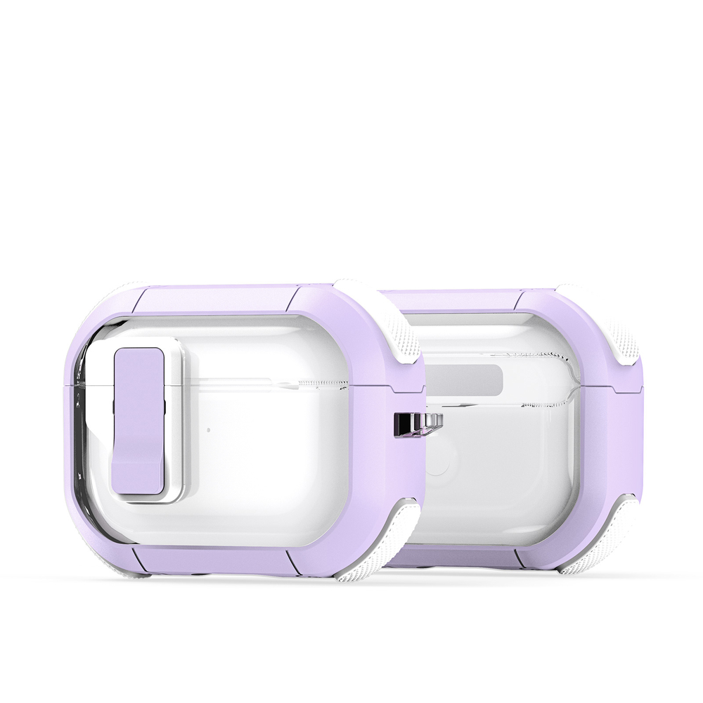 Чехол от Dux Ducis с замком для AirPods Pro 2, прозрачный с фиолетовыми вставками (PurpleWhite), серия PECN Series Case, в комплекте с карабином