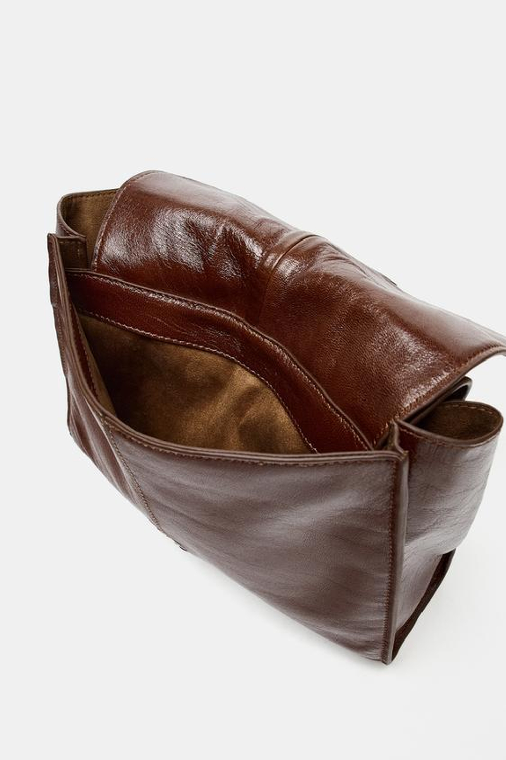 ZARA КОЖАНАЯ МИНИ-СУМКА-ШОПЕР С ДВОЙНЫМ КАРМАНОМ, КОРИЧНЕВЫЙ