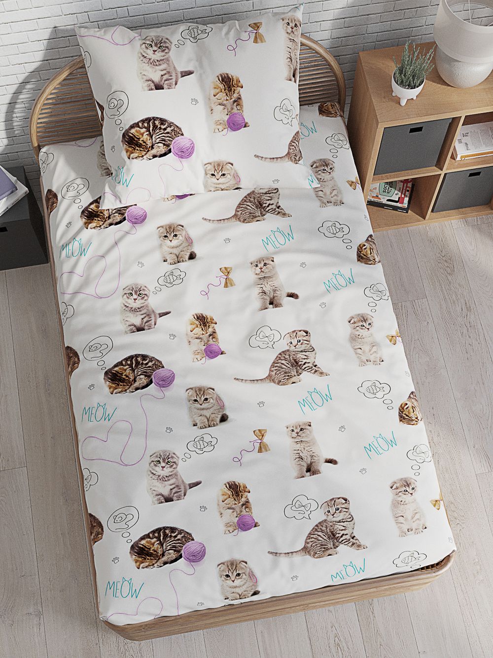 Постельное белье перкаль Сказка "Пушистики" 1,5-сп Наволочка 50х70 см 1 шт Простынь 150x215 см Пододеяльник 145x205 см