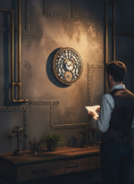 Мужчина у рабочего стола в индустриальном интерьере; на стене декоративные часы WOODandROOT «Башня Волшебника» с двойным циферблатом.