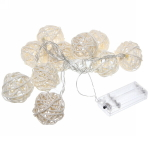 Гирлянда для дома 2м 10 ламп LED с насадками ШАР ПЛЕТЕНЫЙ БЕЛЫЙ d-5 см, прозрач.провод, IP-20 Теплый белый на батарейках 2АА