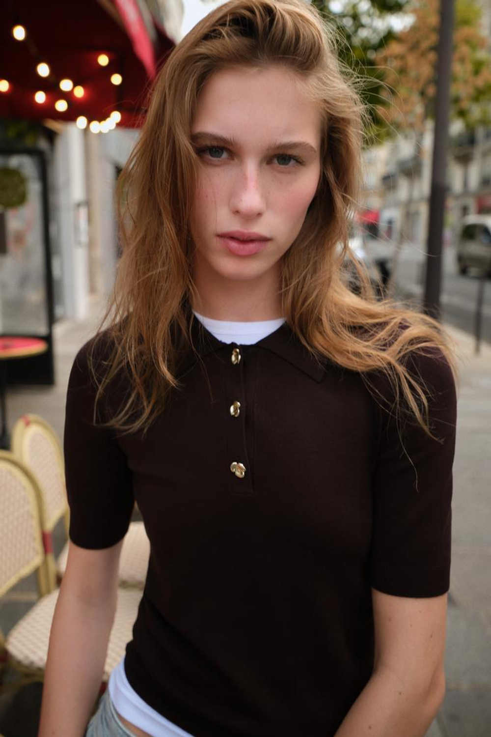 ZARA ТРИКОТАЖНЫЙ ТОП ПОЛО С КОРОТКИМИ РУКАВАМИ, ШОКОЛАДНЫЙ