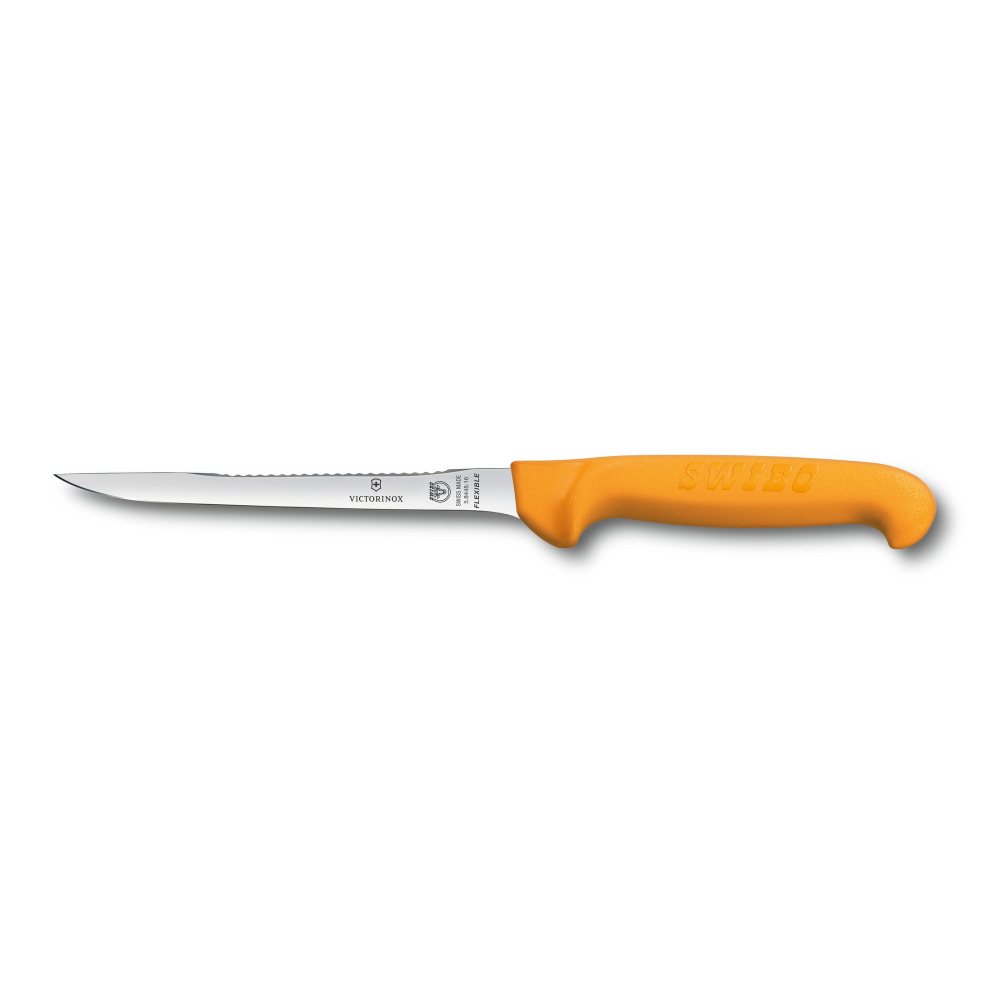 Фото нож для филеровки рыбы VICTORINOX Swibo узкое гибкое лезвие из нержавеющей стали 16 см с рыбочисткой рукоять из пластика жёлтого цвета с гарантией