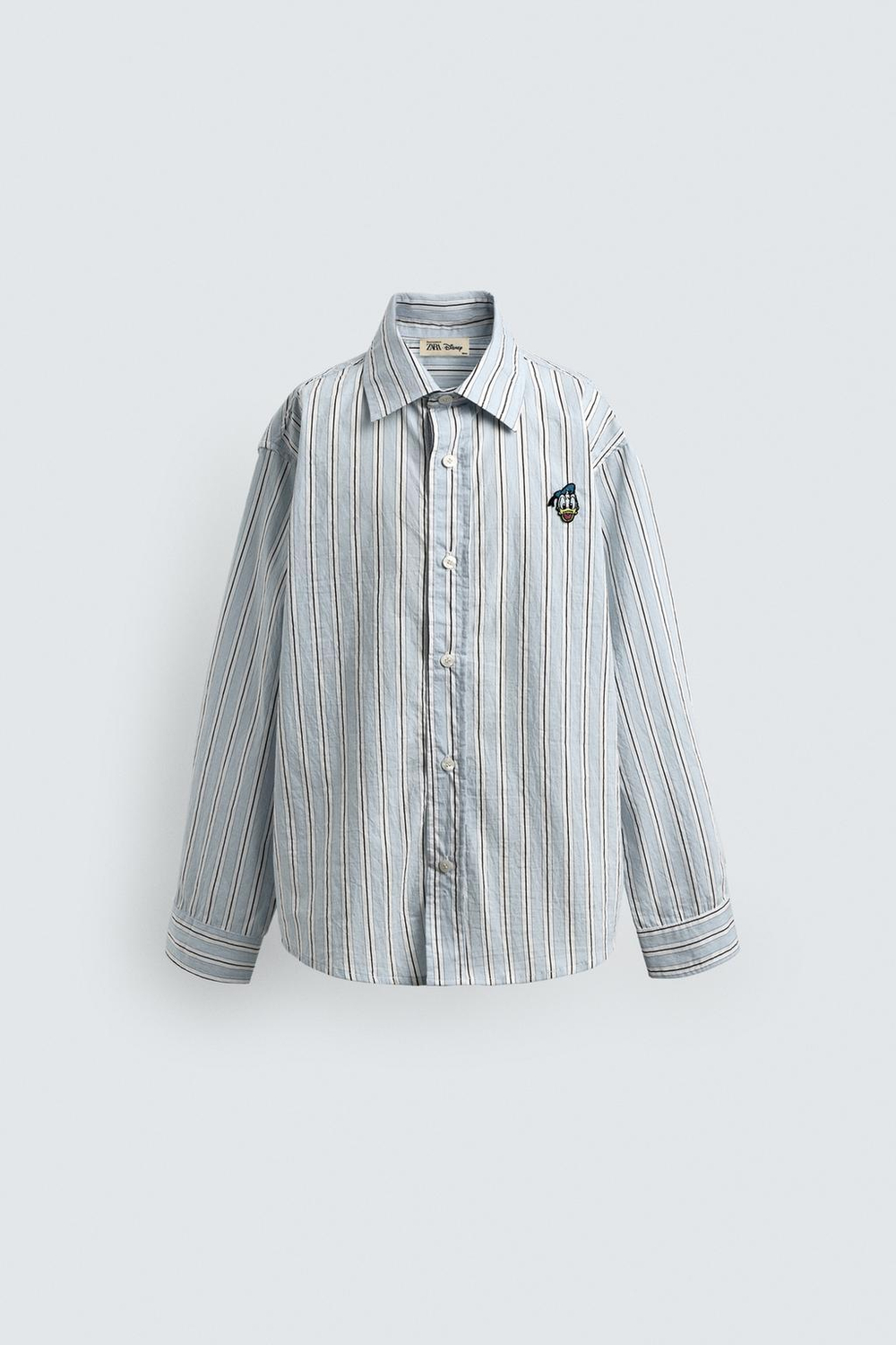 ZARA X DISNEY РУБАШКА В ПОЛОСКУ С НАШИВКОЙ DONALD DUCK, НЕБЕСНО-ГОЛУБОЙ