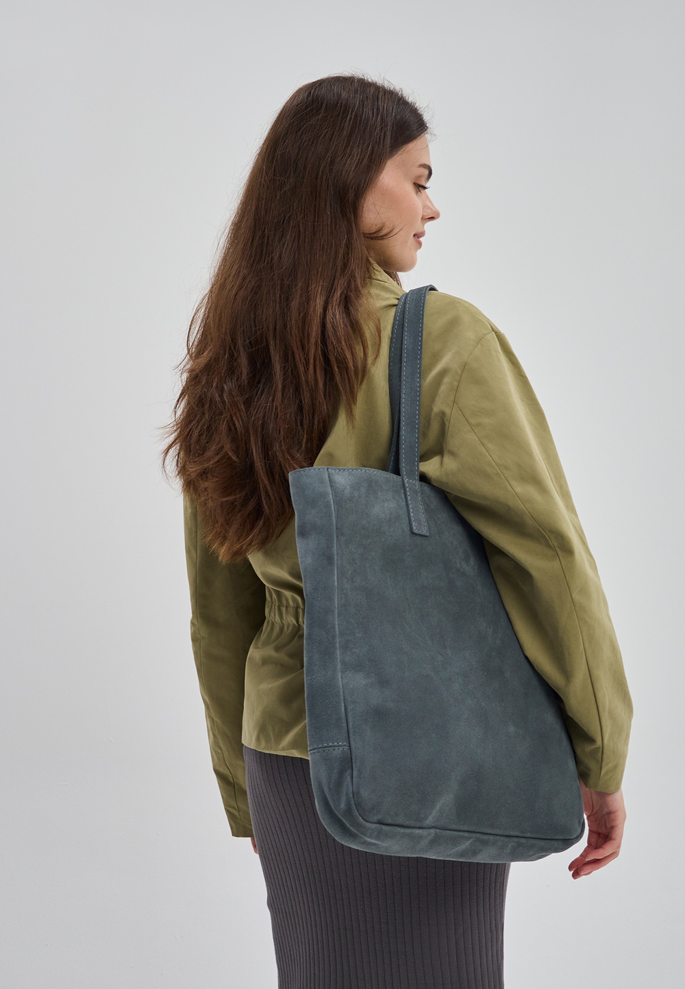 сумка шоппер серо-синий замша