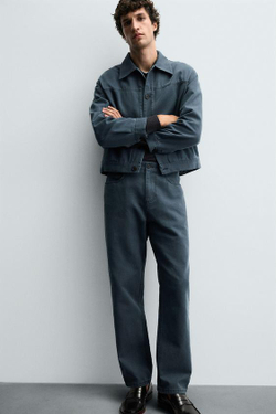 ZARA БРЮКИ STRAIGHT FIT С ЭФФЕКТОМ ПОТЕРТОСТИ, НЕФТЯНОЙ