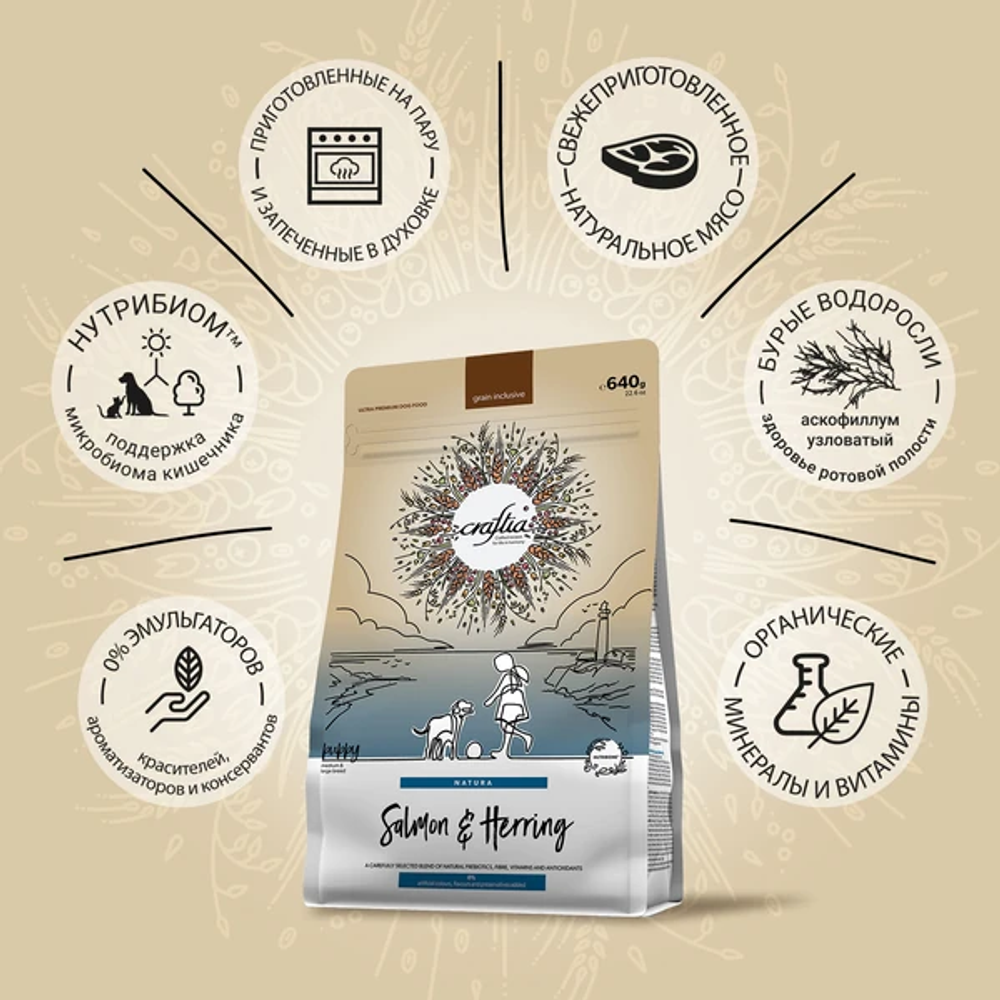 Сухой корм CRAFTIA NATURA для щенков средних и крупных пород из лосося и сельди