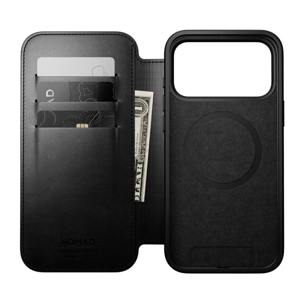 Кожаный чехол-книжка MagSafe Nomad Horween Modern Leather Folio для iPhone 17 Pro Max Гибридный укреплённый чехол из натуральной кожи Horween с сенсорной накладкой для Контроллера камеры. Есть отделение для купюр и встроенный картхолдер — вмещает до трёх