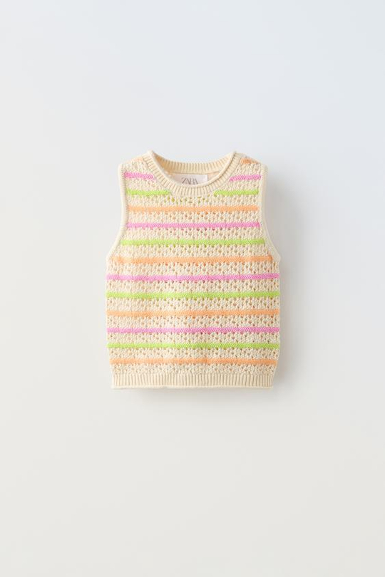 ZARA ТРИКОТАЖНЫЙ ТОП ИЗ КРУЖЕВА КРОШЕ В ПОЛОСКУ, ОРАНЖЕВЫЙ