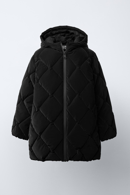 ZARA ЛЕГКОЕ СТЕГАНОЕ ПРОРЕЗИНЕННОЕ ПАЛЬТО, ЧЕРНЫЙ