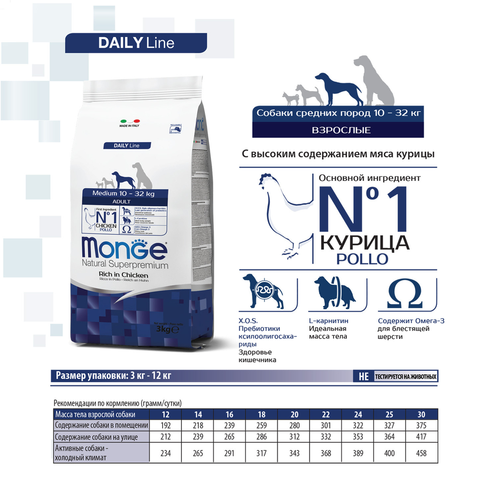 Monge Dog Daily Line Medium 10-32 кг Сухой корм для взр. собак средних пород из Курицы, 3 кг.