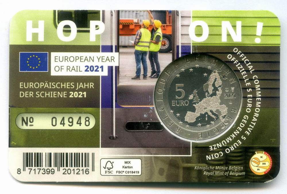 5 евро 2021 год. Бельгия. Европейский год железных дорог. Медно-никель BrUNC в оригинальном блистере. Тираж 12500