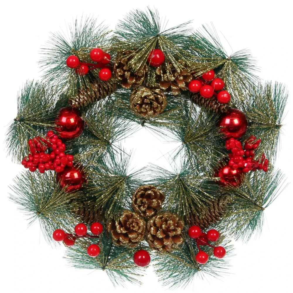 Венок декоративный «Зимняя сказка» d-30 см Леска, шишки и ягоды, Красный