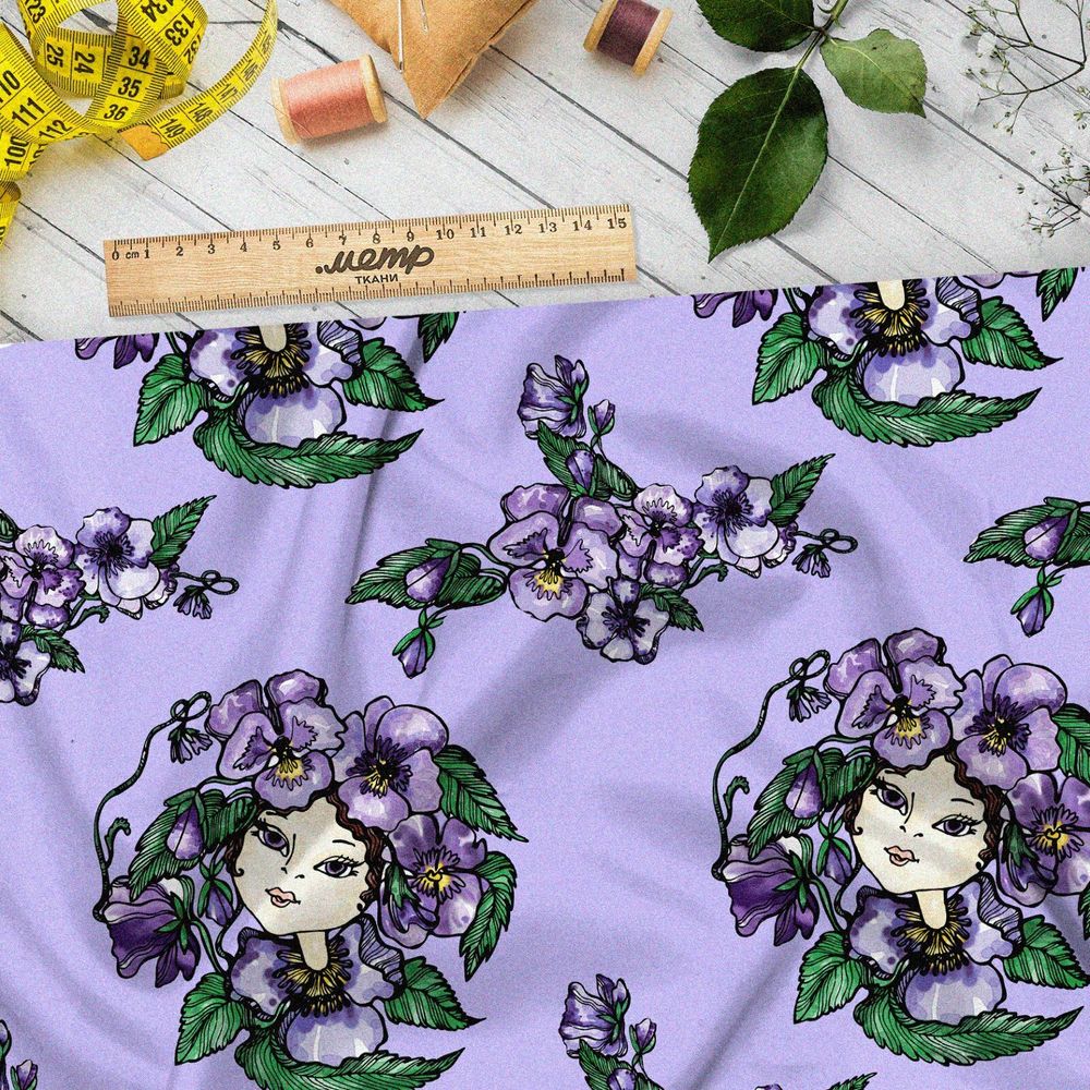 Ткань дюспо девушка с венком фиолетовых цветов