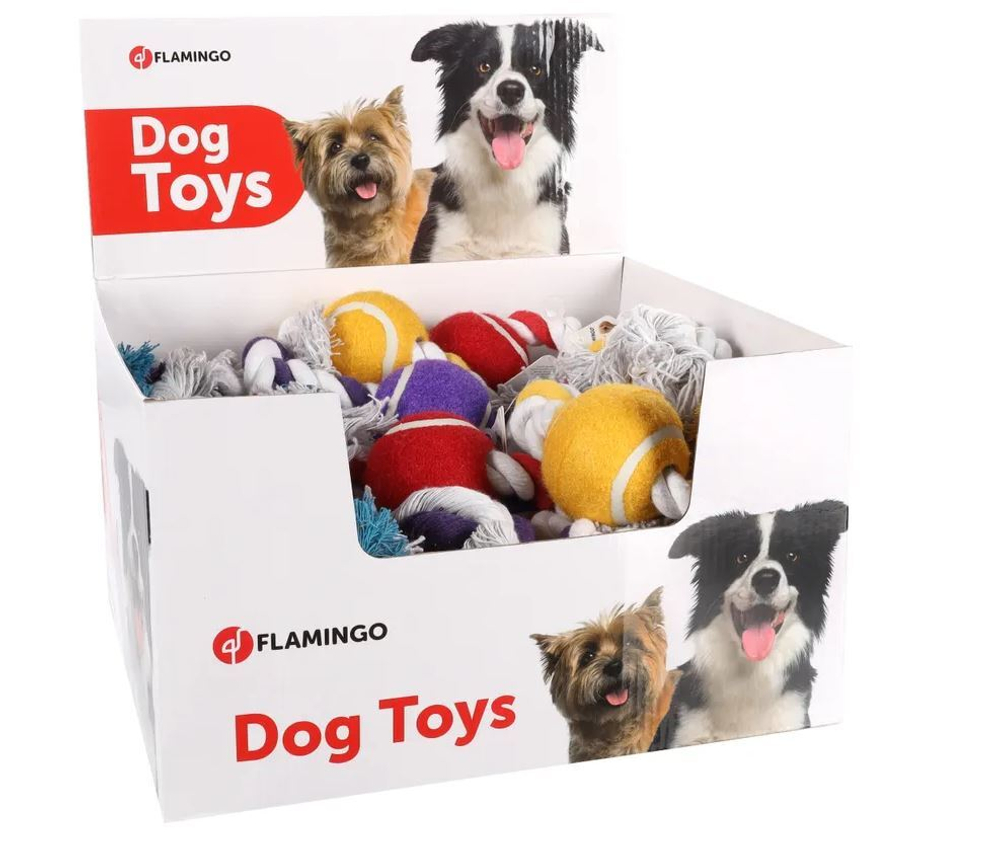 Игрушка для собак теннисный мяч с веревками, 30см х 6,5 см, цвет в ассортименте, набор 18 шт, Flamingo