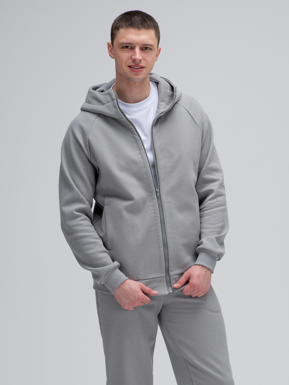 Толстовка на молнии с капюшоном теплая. Грей