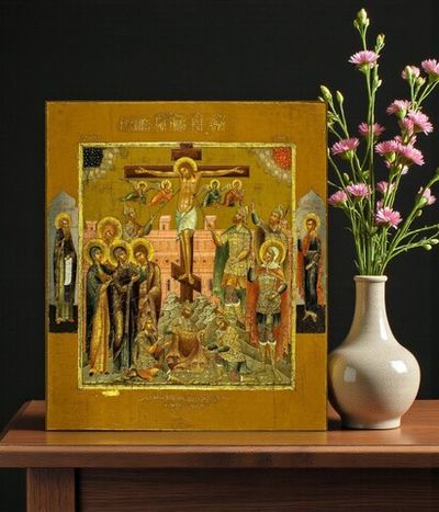 Распятие Иисуса Христа (Голгофа), Паисий Великий и мученик Вонифатий на полях иконы. Деревянная икона на левкасе