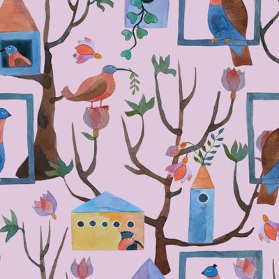 Птицы, домики на розовом акварель