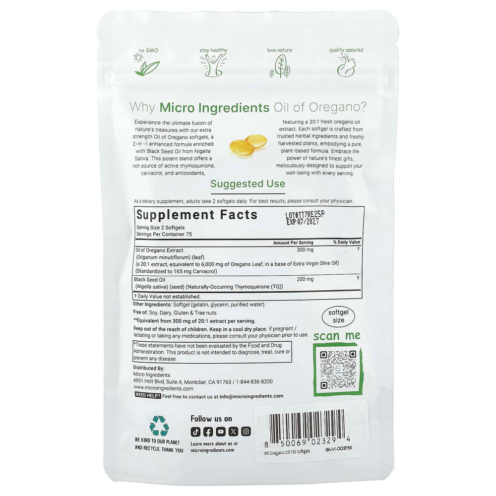Micro Ingredients, масло орегано, 150 капсул