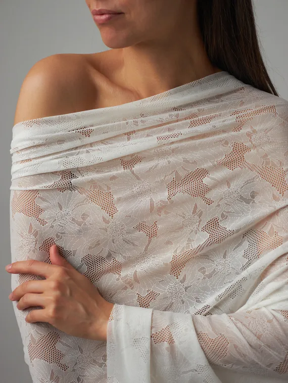 Кружевное эластичное полотно оптом , маки, айвори 004