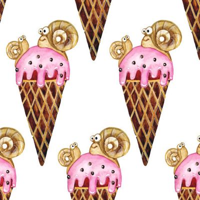 Ice cream seamless pattern with snails on a white background. Children's illustration. Watercolor