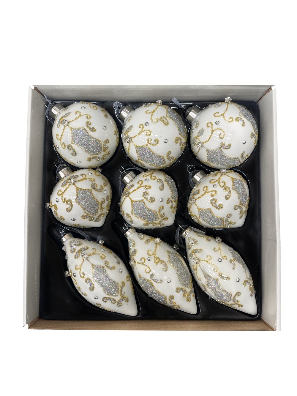 Набор елочных игрушек 8см 9шт ChristmasDeLuxe белый с серебром с орнаментом