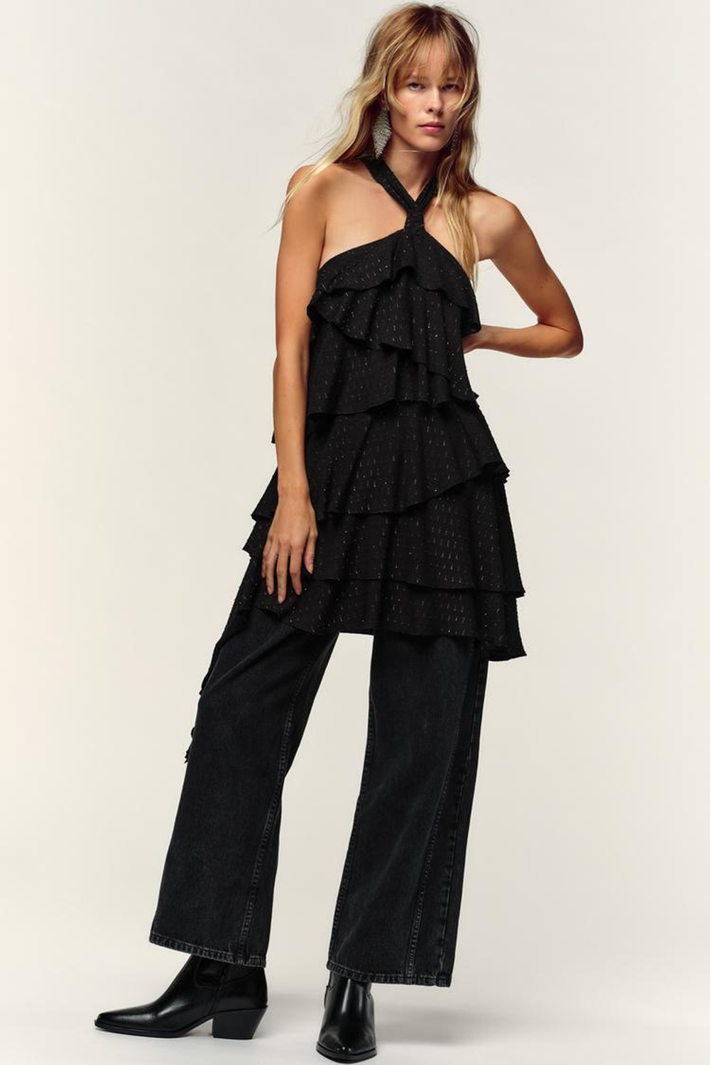 ZARA ПЛАТЬЕ-ХАЛТЕР С МЕТАЛЛИЗИРОВАННОЙ НИТЬЮ, ЧЕРНЫЙ