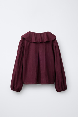 ZARA РУБАШКА В РОМАНТИЧЕСКОМ СТИЛЕ С ВОЛАНОМ НА ВОРОТНИКЕ, ТЕМНО-БОРДОВЫЙ