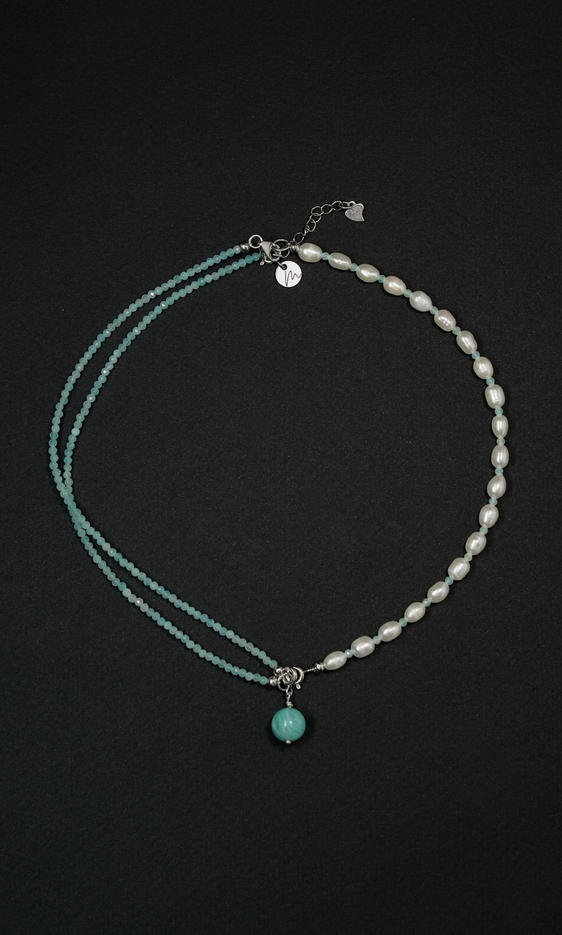 Колье Сотуар "Memo Flow" из амазонита с жемчугом