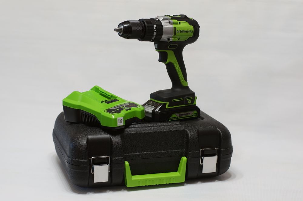 Аккумуляторная ударная дрель шуруповерт Greenworks GD24DD60K2, 3704107UA, 24v, АКБ 2 А·ч и ЗУ в кейсе
