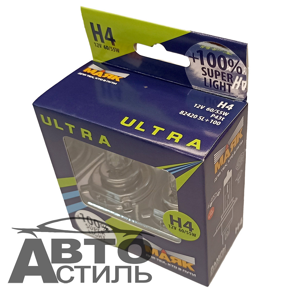 Автолампа H4 12V 60/55W P43t Маяк +100% Super Light 82420SL+100 (к-т)