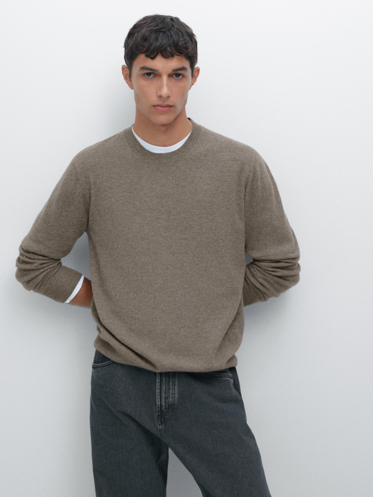 Massimo Dutti Свитер из смесовой шерсти с круглым вырезом, темный хаки